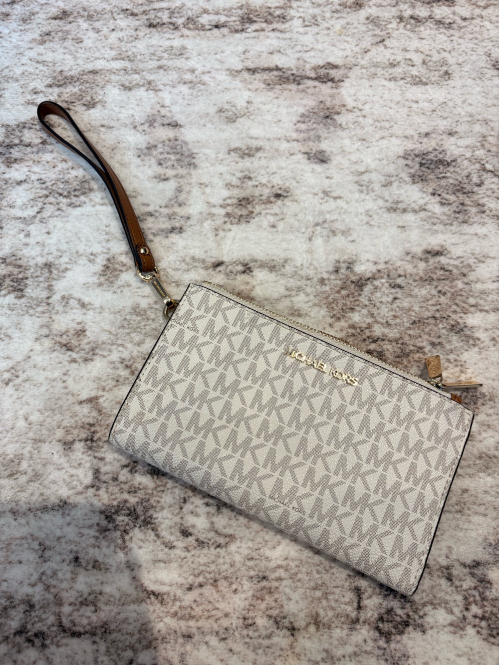 Michael Kors Light Beige Signature Wristlet with Brown Strap